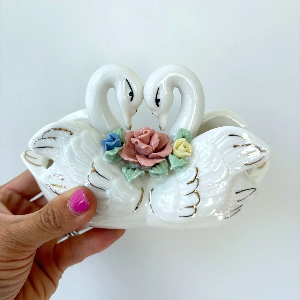 Vintage White Porcelain Double Swan Planter Gold Gilt Ceramic Roses Trinket Dish
